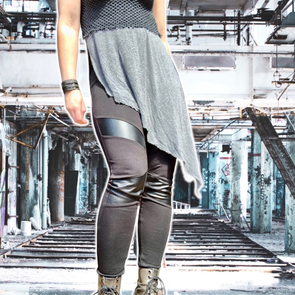 Black Moto Leggings with Vegan Leather Panels, Size S